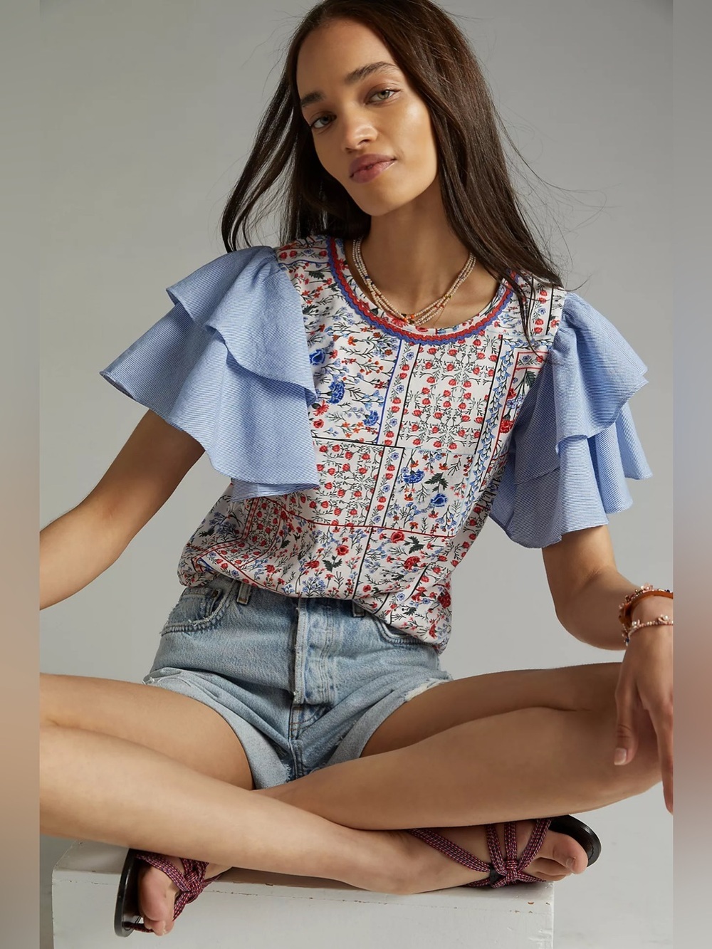 Let Me Be Anthropologie Flutter-Sleeved Floral Blue White Red Top